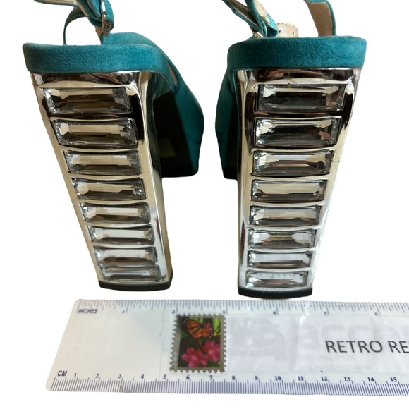 Teal Platform High Heels Size 8.5 Womens Block Heel 4.5” Faux Suede Bling Silver - Picture 13 of 13